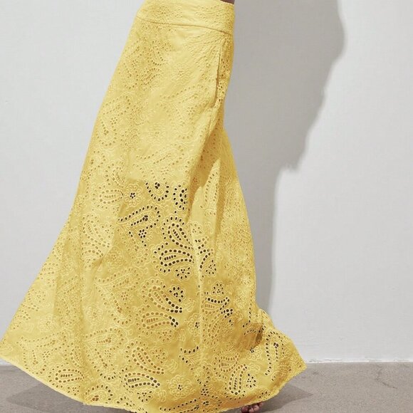 Yellow Elegant Women's Floral Hollow Out Full Embroidery A-Line Maxi Skirt - Picture 10 of 10